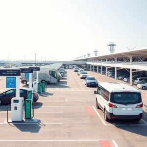 A modern airport parking area with clear signage, automated payment kiosks, electric vehicle charging stations, and a shuttle bus transporting passengers to terminals, all under a bright sky with minimal traffic congestion, emphasizing ease and efficiency
