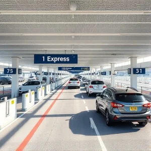 A modern airport parking facility with clearly marked express lanes for quick vehicle access, featuring sleek signage, automated barriers, and vehicles moving efficiently through dedicated lanes, under bright daylight with clean architectural design and minimal congestion