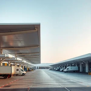A modern airport parking area with covered loading zones, featuring sleek canopies over designated loading bays, trucks and cargo vehicles parked underneath, clear signage, paved surfaces, ambient daylight, minimalist design, no people visible, no text or letters on signs or surfaces