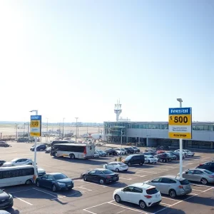 A modern airport parking lot with clear signage showing discounted rates, cars parked in organized rows, a shuttle bus nearby, and a terminal building visible in the background under a bright daytime sky