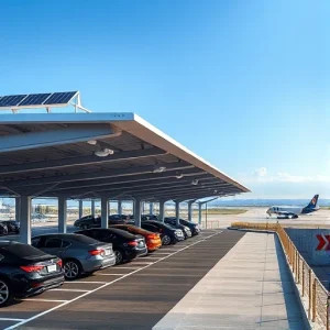 A modern covered parking structure designed for long-term airport stays, featuring a sleek, low-profile canopy with solar panels on top, rows of parked cars under shade, clear signage indicating 'Long-Term Airport Parking', well-lit pathways, security cameras, and a distant view of airport terminals and runways in the background under a clear blue sky.