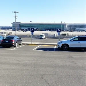 A clear, high-quality image showing the closest available parking area to an airport terminal, with visible parking spaces, directional signs indicating proximity to the terminal, and a modern airport building in the background under a bright sky. No vehicles are parked in the immediate foreground to emphasize availability, and the scene conveys convenience and accessibility.