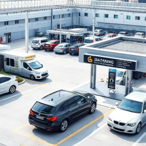 A modern airport parking area with multiple cars parked, a service station nearby offering car maintenance such as tire changing, oil check, and washing, clear signage for parking and services, well-lit environment, daytime, realistic details, no people visible