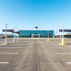 A clear, high-quality image showing the closest parking area to an airport terminal, with visible parking spaces, directional signs, and the terminal building in the background, all in bright daylight with realistic lighting and no people or vehicles obstructing the view