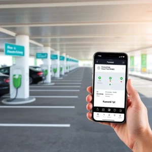 A modern airport parking area with clear signage, electric vehicle charging stations, and a user-friendly mobile app interface displayed on a smartphone showing real-time parking availability and navigation to a reserved spot, all under bright daylight with clean architectural design and minimal clutter