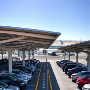 A modern airport parking facility with covered parking structures, featuring sleek canopies over rows of parked cars, clear signage, well-lit pathways, and a distant view of airport terminals and aircraft on the tarmac under a bright daytime sky