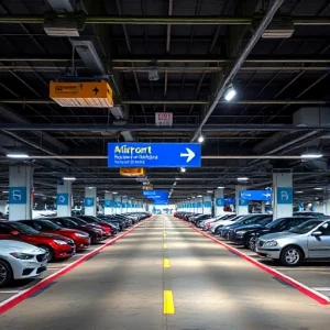 A modern airport parking facility with clear signage, well-lit lanes, security cameras, and vehicles parked neatly in designated spots, conveying safety and security