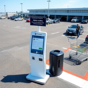 A modern airport parking area with cars parked in designated spots, a mobile check-in kiosk displaying a smartphone interface for flight check-in, travelers using their phones near the kiosk, clear signage for 'Mobile Check-in' and 'Parking', bright daylight, clean asphalt, minimal luggage carts, no people obstructing the view, no text or letters visible on any surfaces, no digits, no advertisements, no logos, no NSFW content