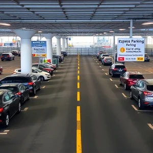 A modern airport parking facility with clear signage for express parking options, showing cars parked in designated express lanes near terminal entrances, well-lit, clean asphalt, minimal traffic, daytime, no people visible, focus on infrastructure and signage