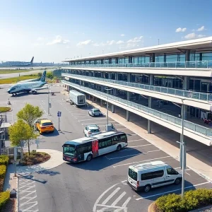 A modern airport parking area with multiple levels, clear signage, electric vehicle charging stations, and shuttle buses arriving and departing, surrounded by landscaped greenery and under a bright daytime sky, realistic photography style