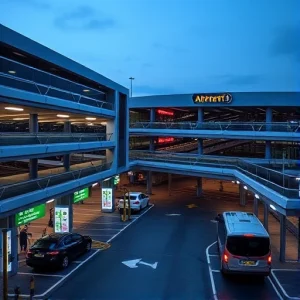A modern airport parking facility with 24-hour access, featuring well-lit multi-level parking structures, clear signage for entry and exit, automated ticket barriers, security cameras, and electric vehicle charging stations. The scene includes a few cars parked, a shuttle bus arriving, and soft ambient lighting suggesting nighttime or early morning. The architecture is sleek and functional, with a clean, professional aesthetic.