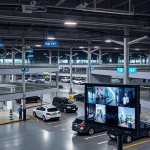 A modern airport parking facility with 24/7 surveillance, featuring well-lit multi-level parking structures, security cameras mounted on poles and buildings, uniformed security personnel patrolling, clear signage indicating monitored zones, and vehicles parked neatly in designated spots under bright LED lighting at night, with a subtle digital overlay showing live camera feeds on a security monitor in the foreground