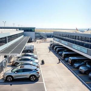 A modern airport parking facility with premium services, featuring sleek electric vehicle charging stations, covered valet drop-off zones, luxury shuttle buses with branded signage, well-lit multi-level parking structures with clear wayfinding, and attentive staff assisting travelers with luggage, all under a bright daytime sky with subtle airport runway views in the background
