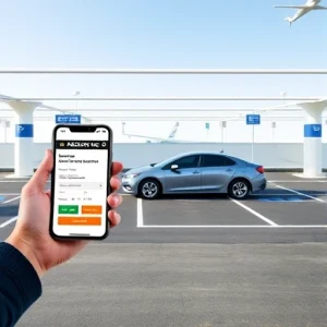 A modern airport parking lot with clear signage for reserved spaces, a smartphone showing a parking reservation app, and a car parked neatly in a designated spot, all under bright daylight with a clean, minimalist aesthetic