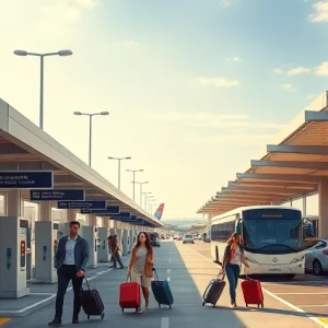 A modern, stress-free airport parking facility with clear signage, automated payment kiosks, electric vehicle charging stations, shaded covered parking areas, and a shuttle bus transporting passengers to the terminal under a bright, calm sky. The scene includes diverse travelers with luggage, smiling and relaxed, with no visible traffic congestion or long lines.