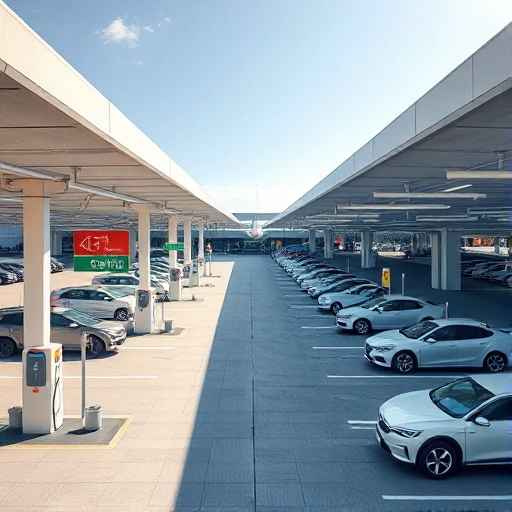 A modern, clean airport parking facility with clear signage, electric vehicle charging stations, and a few cars parked in organized rows under a bright sky, viewed from a slight aerial angle to show layout and efficiency