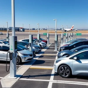 A modern airport parking area with multiple electric car charging stations, electric vehicles plugged in and charging, sleek charging poles with digital displays, clear signage for EV charging, well-lit paved lanes, distant airport terminals and aircraft visible in the background, daytime with clear sky, realistic urban infrastructure style