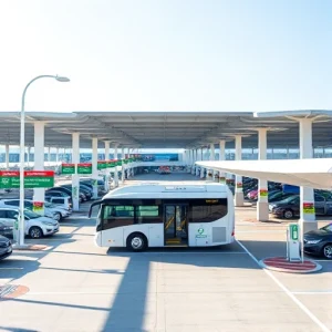 A modern airport parking facility with clear signage, wide lanes, electric vehicle charging stations, and a shuttle bus arriving at a terminal entrance, all under bright daylight with clean architecture and minimal clutter