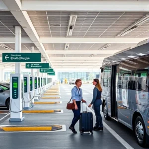 A modern airport parking area with clear signage, electric vehicle charging stations, and a friendly staff member assisting a traveler with luggage near a shuttle bus, daytime, clean and organized environment