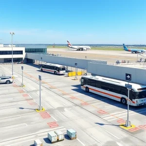 A clear, high-quality image showing the nearest parking area to an airport terminal, with visible parking lots, shuttle buses, directional signs pointing to the terminal, and aircraft in the background on the runway or taxiway, all under bright daylight with realistic lighting and no people visible