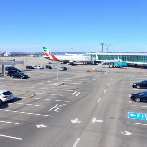 A modern airport parking lot with clearly marked short-term parking spaces, cars parked in designated areas, airport terminal buildings visible in the background, directional signage for short-term parking, well-lit and organized layout, daytime setting with clear skies