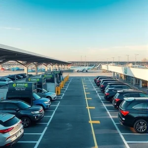 A modern airport parking area with car care services, including a car wash station, tire inflation, and detailing bays, surrounded by parked vehicles, clear signage, and well-lit pathways under a bright daytime sky, realistic urban infrastructure, no people visible