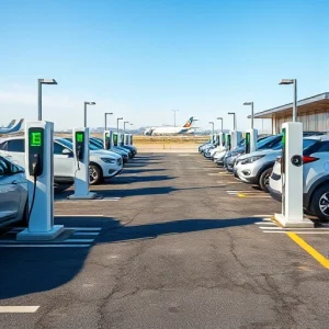 A modern airport parking area with electric vehicle charging stations installed in designated spots, featuring sleek charging units with cables connected to parked electric cars, clear signage indicating EV charging zones, well-lit asphalt surface, distant airport terminal buildings in the background under a clear sky, no people visible, realistic photographic style