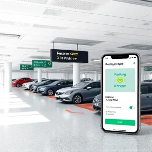 A modern airport parking area with clear signage showing 'Reserve Your Spot', cars parked in organized rows, a digital display showing available spaces, and a smartphone screen overlay showing a parking reservation app interface, all in bright daylight with clean, professional aesthetics