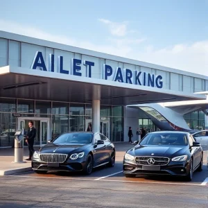 A modern airport terminal exterior with a clear sky, showing a valet parking service area near the entrance, featuring a few luxury cars being attended by uniformed valet staff holding ticket trays, with subtle signage indicating 'Valet Parking' and directional arrows, no text or letters visible on signs or vehicles, realistic lighting, high detail