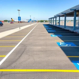 A modern airport parking area with clearly marked disabled parking spaces, featuring blue signage with the international wheelchair symbol, wide access aisles, and proximity to terminal entrances, under clear daylight with clean asphalt and minimal traffic