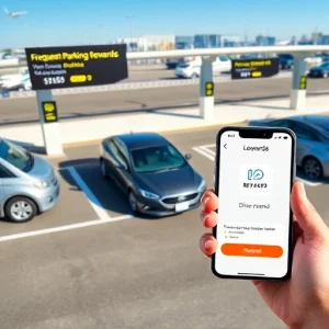 A modern airport parking area with multiple cars parked in designated spots, digital signs displaying 'Frequent Parking Rewards' and loyalty points, a sleek mobile app interface visible on a driver's smartphone showing reward accumulation, bright daylight, clean asphalt, minimal signage, no text on vehicles or buildings, no license plates, no people visible