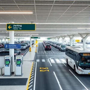 A modern airport parking facility with clear signage, automated payment kiosks, and a shuttle bus transporting passengers to the terminal, showing efficient traffic flow and minimal congestion, daytime, clean and organized layout