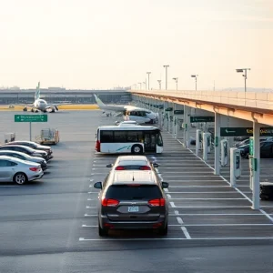 A calm and organized airport parking scene with clear signage, spacious parking spots, electric vehicle charging stations, and a shuttle bus arriving smoothly, all under soft daylight with minimal congestion and no visible stress on travelers