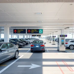 A modern airport parking area with clear signage for express check-out, featuring cars parked in designated zones, a digital display showing exit times, and a smooth flow of vehicles toward an automated payment booth, all under bright daylight with a clean, minimalist design