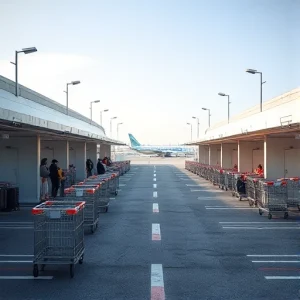 A modern airport parking area with multiple luggage carts parked near terminal entrances, travelers loading suitcases, clear asphalt lanes, overhead lighting, distant aircraft on tarmac, clean and organized scene, daytime, realistic details