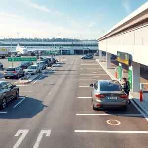 A modern airport parking area with clear signage, smooth traffic flow, electric vehicle charging stations, and a person easily parking their car near a terminal entrance, bright daylight, clean asphalt, minimal congestion, intuitive wayfinding, no visible stress or confusion