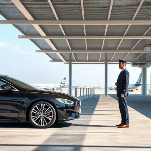 A modern airport valet parking service area with a sleek black luxury car being handed over to a uniformed valet attendant in a professional uniform, standing under a covered canopy with airport terminal buildings and distant aircraft visible in the background, clear daytime lighting, high detail, realistic style