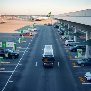 A calm and organized airport parking area with clear signage, spacious parking spots, electric vehicle charging stations, and a shuttle bus arriving to transport passengers to the terminal, under soft daylight with minimal congestion and no visible stress or chaos