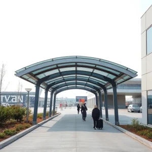 A modern covered walkway connecting an airport terminal to a parking structure or satellite building, featuring a sleek glass and steel canopy with integrated lighting, smooth concrete flooring, and subtle landscaping along the sides; travelers with luggage walk calmly under the cover, no vehicles visible, clear daytime sky, minimalist architectural design, no signage or text
