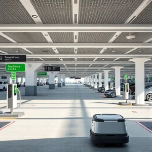 A modern airport parking area with clear signage, electric vehicle charging stations, and automated luggage delivery robots transporting suitcases from cars to terminal entrances, under bright daylight with sleek architecture and minimalist design