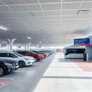 A modern airport parking area with clear signage, multiple cars parked in organized rows, a shuttle bus arriving at a terminal entrance, and a digital display showing real-time parking availability, all under bright daylight with clean lines and minimal clutter