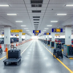 A modern airport parking area with clear signage, electric luggage carts assisting travelers with suitcases, well-lit lanes, and automated barriers, all in a clean, efficient, and realistic setting