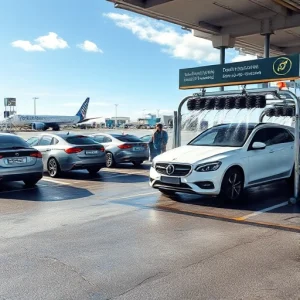 A modern airport parking area with multiple cars parked in designated spots, a car wash station with automated brushes and water jets cleaning a vehicle, clear signage for parking and car wash services, well-lit environment with daylight, asphalt surfaces, airport terminals visible in the background, no people visible