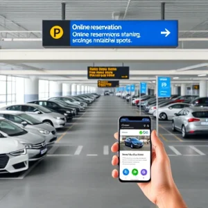A modern airport parking area with clear signage for online reservations, showing cars parked in organized rows, a digital display showing available spots, and a mobile app interface visible on a smartphone held by a person near the entrance, all in bright daylight with clean architecture and minimal clutter