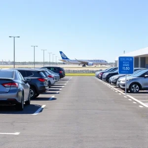 A modern airport parking lot with cars parked in designated spaces, clear signage showing discounted rates, bright daylight, clean asphalt, and a distant terminal building visible in the background