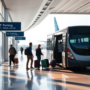 A modern airport terminal with clear signage for parking and shuttle services, showing travelers easily loading luggage into a shuttle bus that connects to the aircraft, with a calm, efficient atmosphere and soft daylight