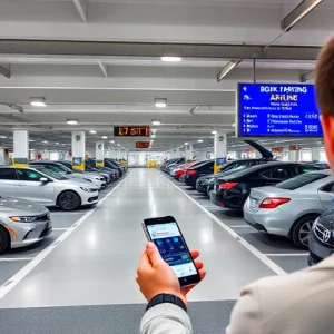 A modern airport parking facility with clear signage, cars parked in organized rows, a digital display showing available spots, and a person using a smartphone to book parking online, all in a clean, professional setting with bright daylight and minimal clutter