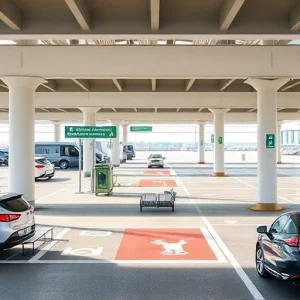 A modern airport parking area with designated pet-friendly zones, featuring clear signage for pet relief areas, water stations, waste disposal bins, and shaded seating for travelers with pets, cars parked nearby, soft daylight, clean and organized layout, no people visible, focus on infrastructure and amenities