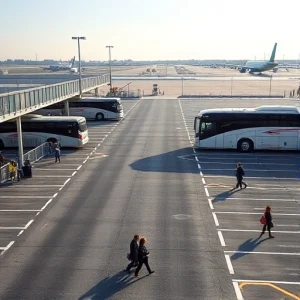 A modern airport parking area with multiple shuttle buses arriving and departing, clear signage for parking zones, travelers with luggage walking to and from buses, well-lit asphalt surface, distant airport terminal buildings in the background under a clear sky, realistic daytime lighting, no text or letters visible in the scene