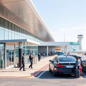 A modern airport terminal exterior with a clear sky, showing a valet parking service area near the entrance, featuring a few cars being attended by uniformed valet staff holding keys, a small valet booth with a sign reading 'Valet Parking', luggage carts nearby, and travelers walking with suitcases — all in a clean, realistic, affordable-service atmosphere without luxury branding or high-end vehicles